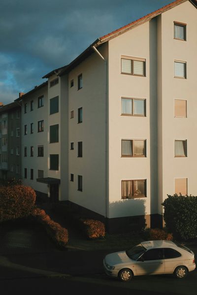 Workforce-housing apartment building at golden hour
